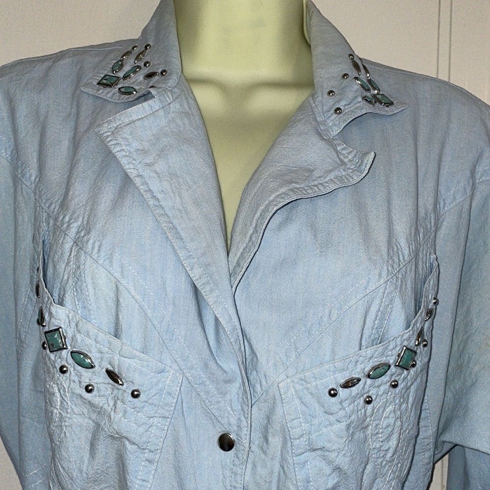 Vtg 80s/90s Karen Alexander light blue cotton western dress with‎ silver studs - Picture 5 of 16